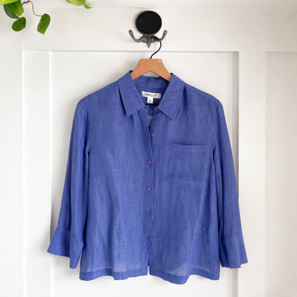Linen Silk Boxy Button Down Blouse Blue Minimalist